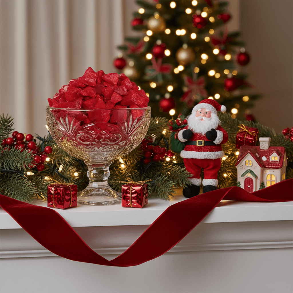 SGI Online red quartz crystal chippings in a glass bowl with Christmas decorations and lights SGI Online