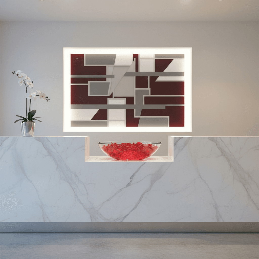 Bowl of red quartz crystal chippings on a white marble counter in a modern minimalist room