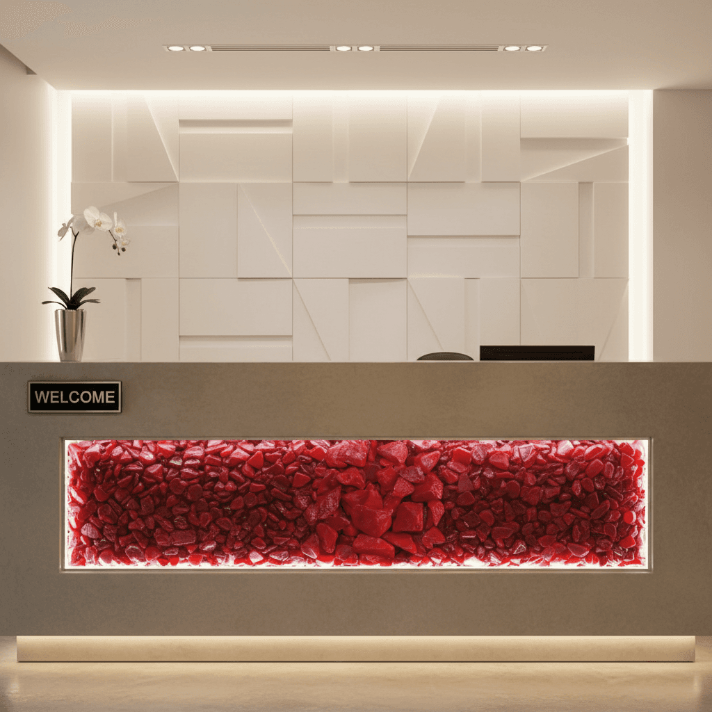 Red quartz crystal chippings decorative display embedded in modern reception desk by SGI Online SGI Online