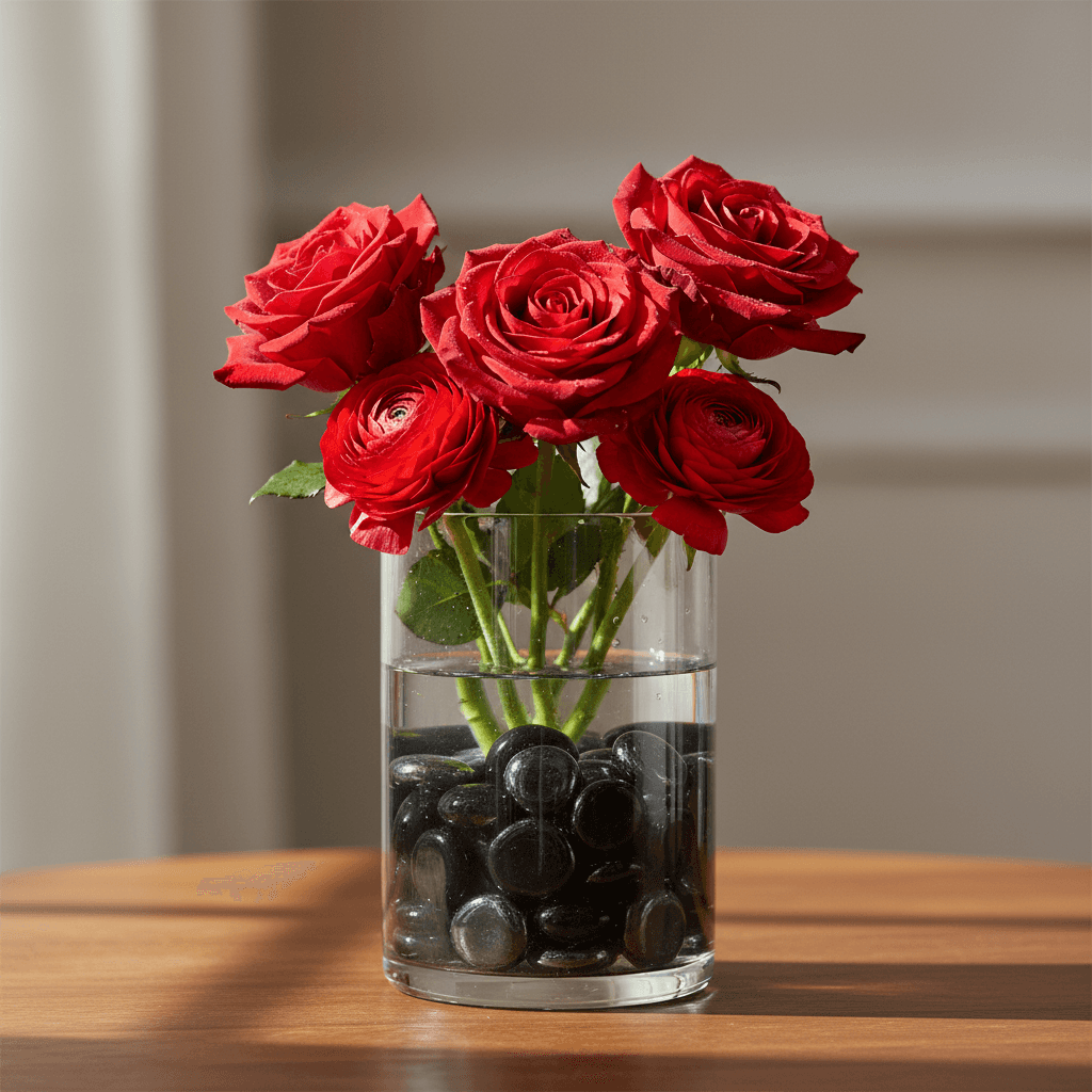 Glass vase with red roses arranged over black mirror glass pebbles from STONED