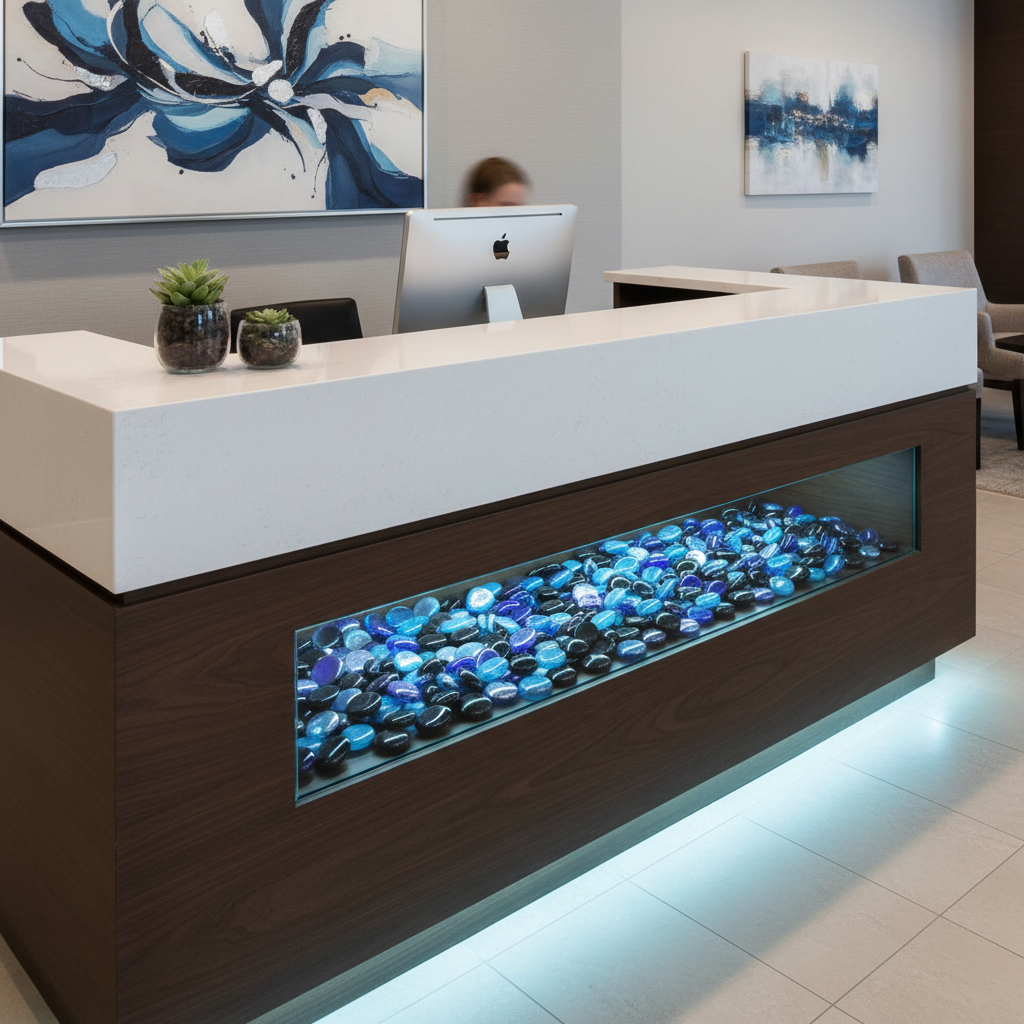 Royal turquoise black glass gems displayed in a reception desk glass panel by STONED glass pebbles