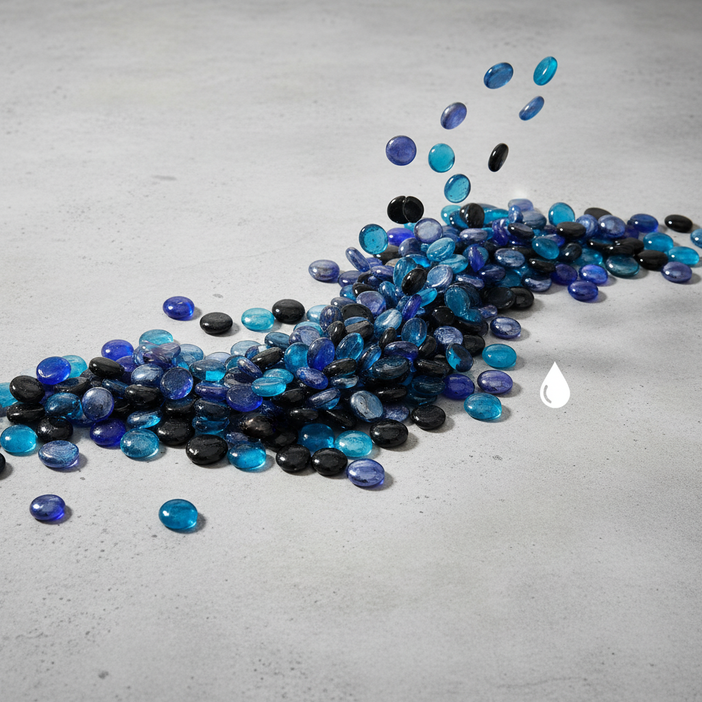 Royal turquoise black glass gems scattered on a gray surface by STONED glass pebbles