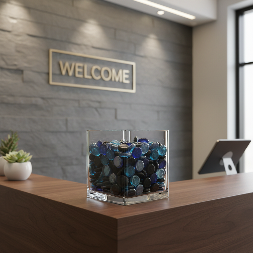 Clear glass container filled with royal turquoise black glass gems on wooden desk near welcome sign SGI Online