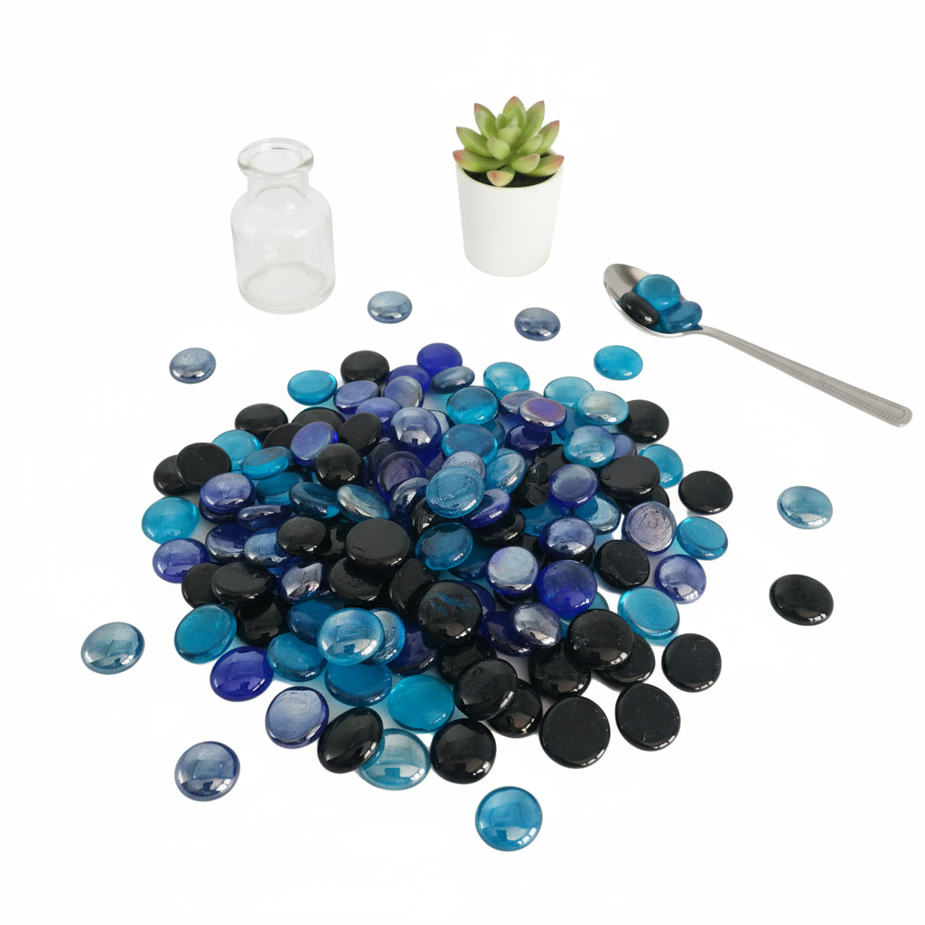 STONED royal turquoise black glass gems scattered with a spoon, small vase, and succulent plant on white background SGI Online