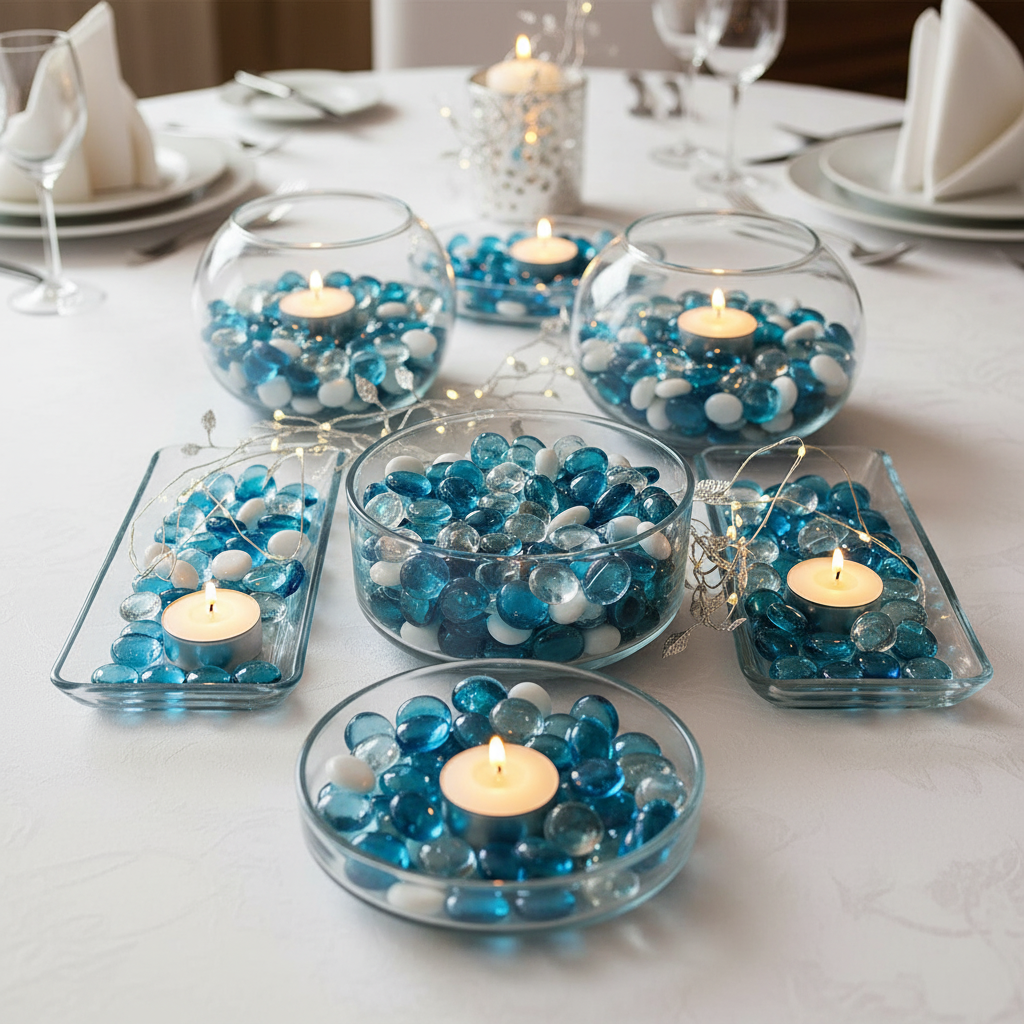 Clear turquoise white glass pebbles arranged in glass bowls and trays with lit tealight candles on a white table