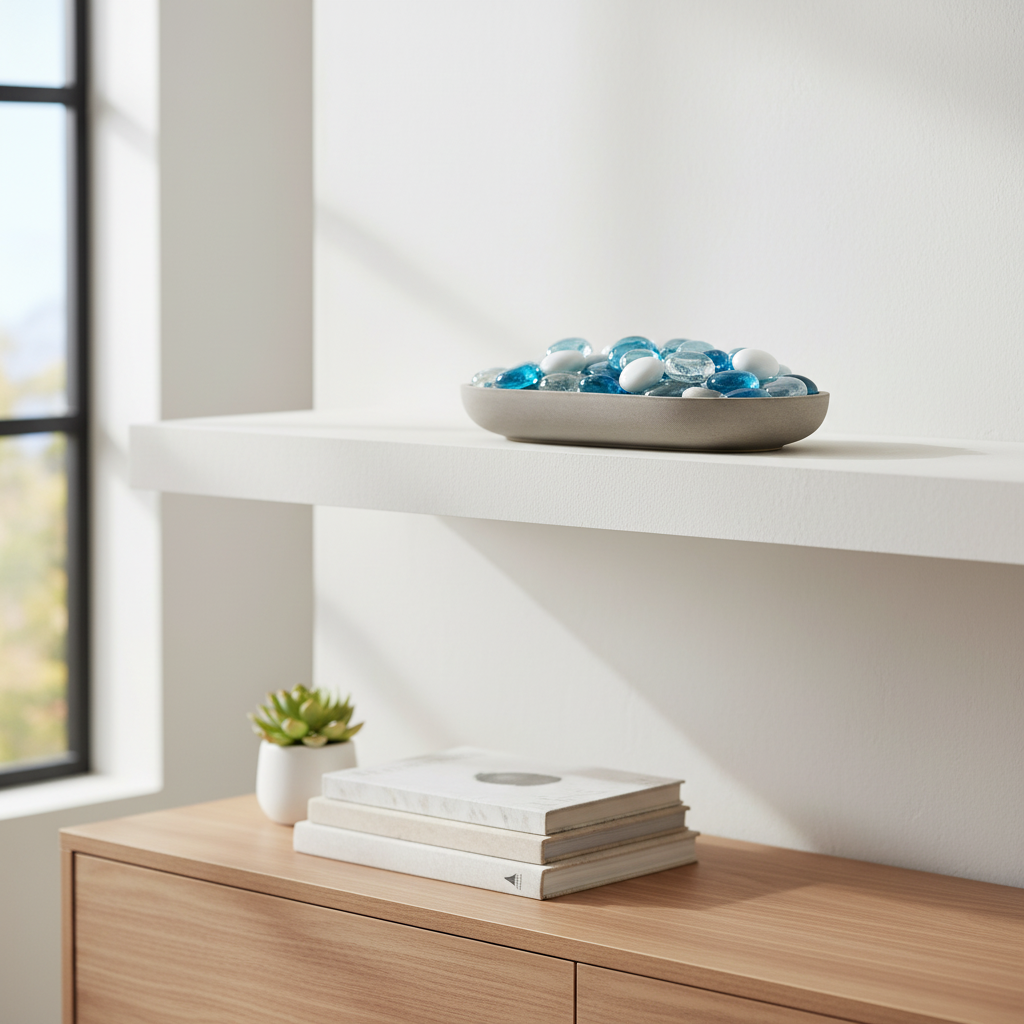 STONED clear turquoise white glass pebbles in a bowl displayed on a white shelf in a modern room SGI Online