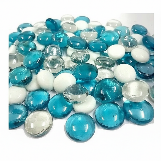STONED clear turquoise white glass pebbles scattered on a white surface for decorative use SGI Online