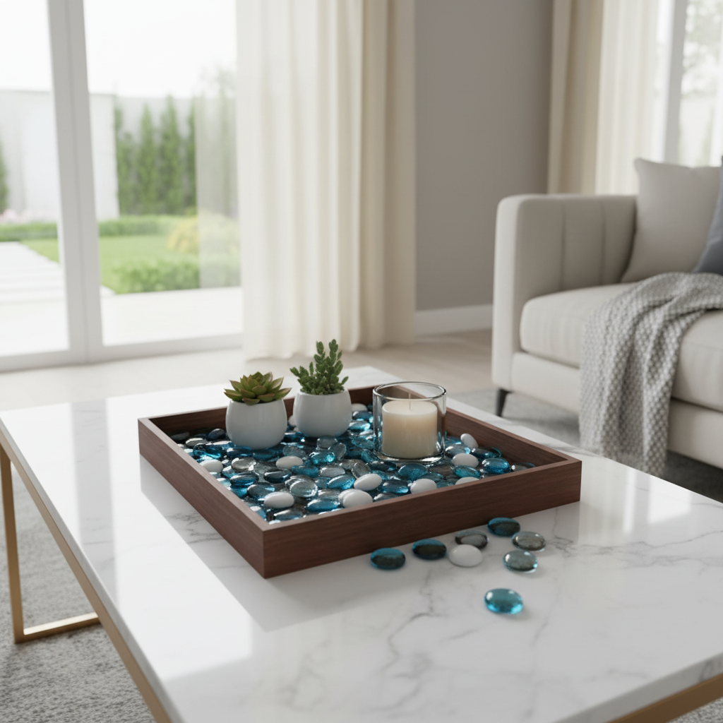 STONED clear turquoise white glass pebbles in wooden tray with succulents and candle on white marble table