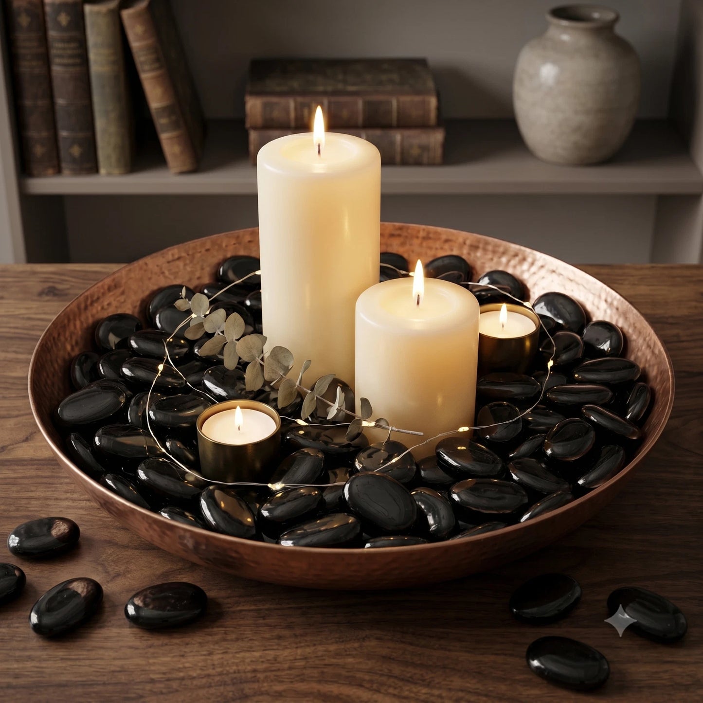 Black Polished Glass Decorative Pebbles arranged in a copper bowl with lit candles for home decor SGI Online