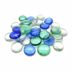 Blue green glass pebbles for garden decoration in assorted shades of blue green and clear