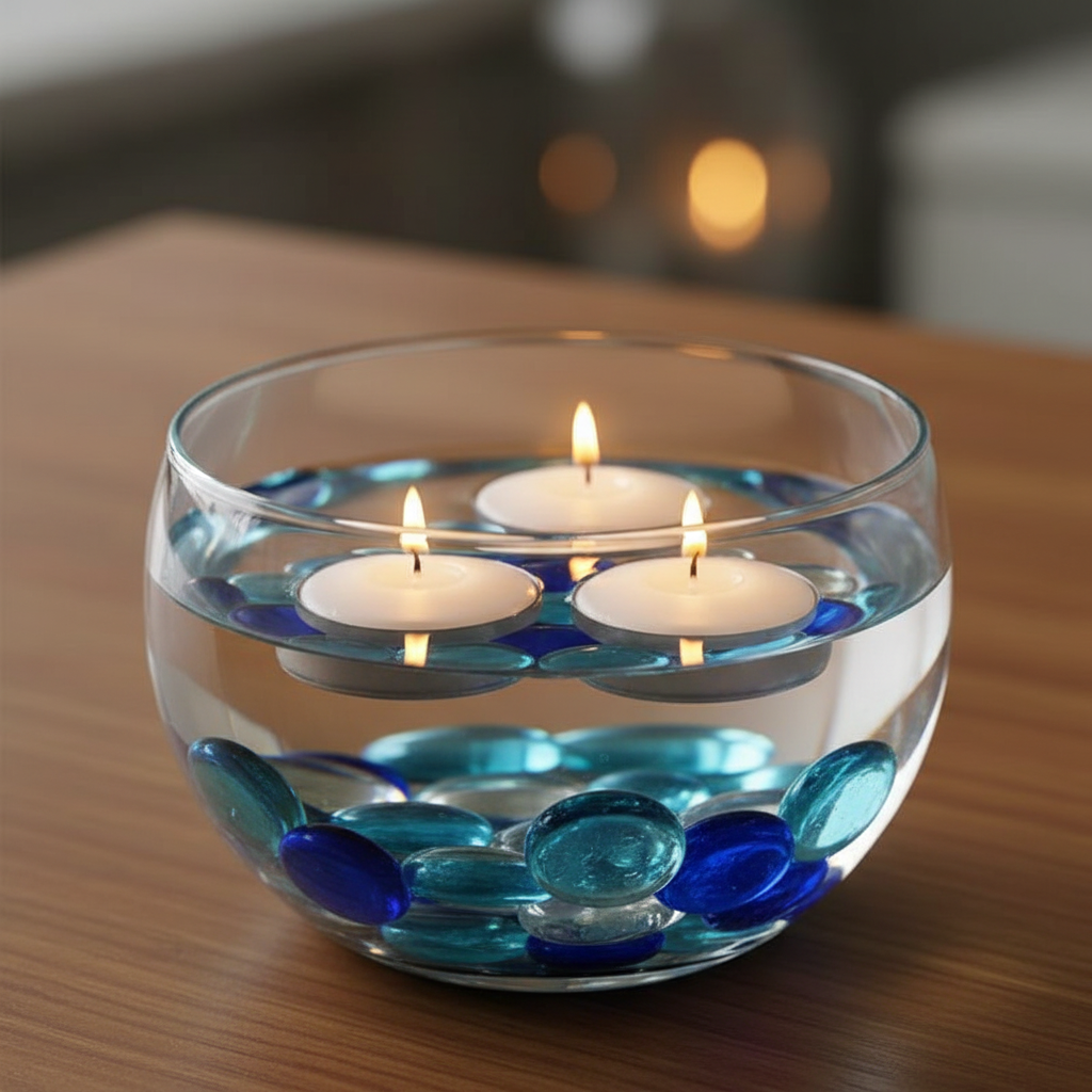 Clear glass bowl with decorative glass pebbles clear and blue holding three floating lit candles SGI Online