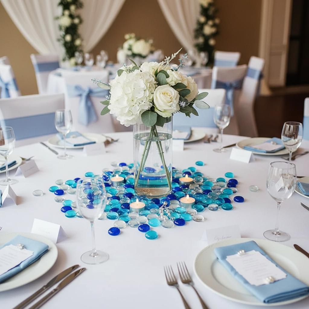 Clear and blue decorative glass pebbles arranged around a floral centerpiece on a white tablecloth
