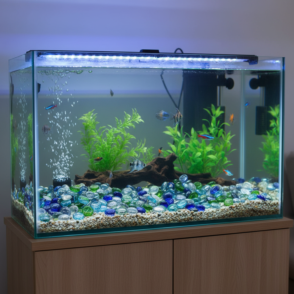 Aquarium with green plants and colorful decorative glass pebbles nautical in blue, green, and clear shades