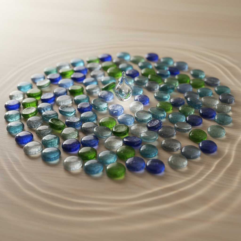 Decorative glass pebbles nautical in blue green and clear shades arranged on a wooden surface SGI Online