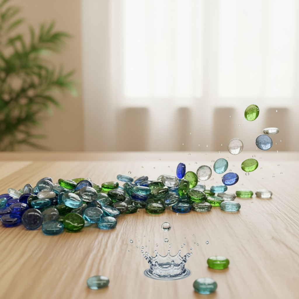 Colorful decorative glass pebbles nautical style scattered on a wooden surface with water splash effect
