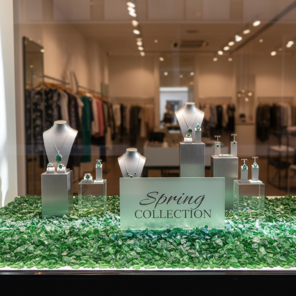 Jewelry display featuring green gemstone pieces on decorative glass stones 2kg bed for spring collection