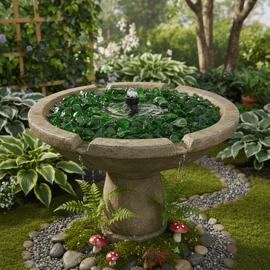 Green decorative glass stones 2kg used as water fountain filler in outdoor garden birdbath