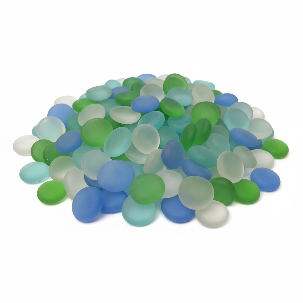 Pile of frosted mixed glass pebbles in shades of blue, green, and white on a white background SGI Online