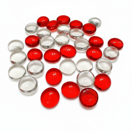 Red and clear glass pebbles arranged on a white background for decoration and crafts SGI Online