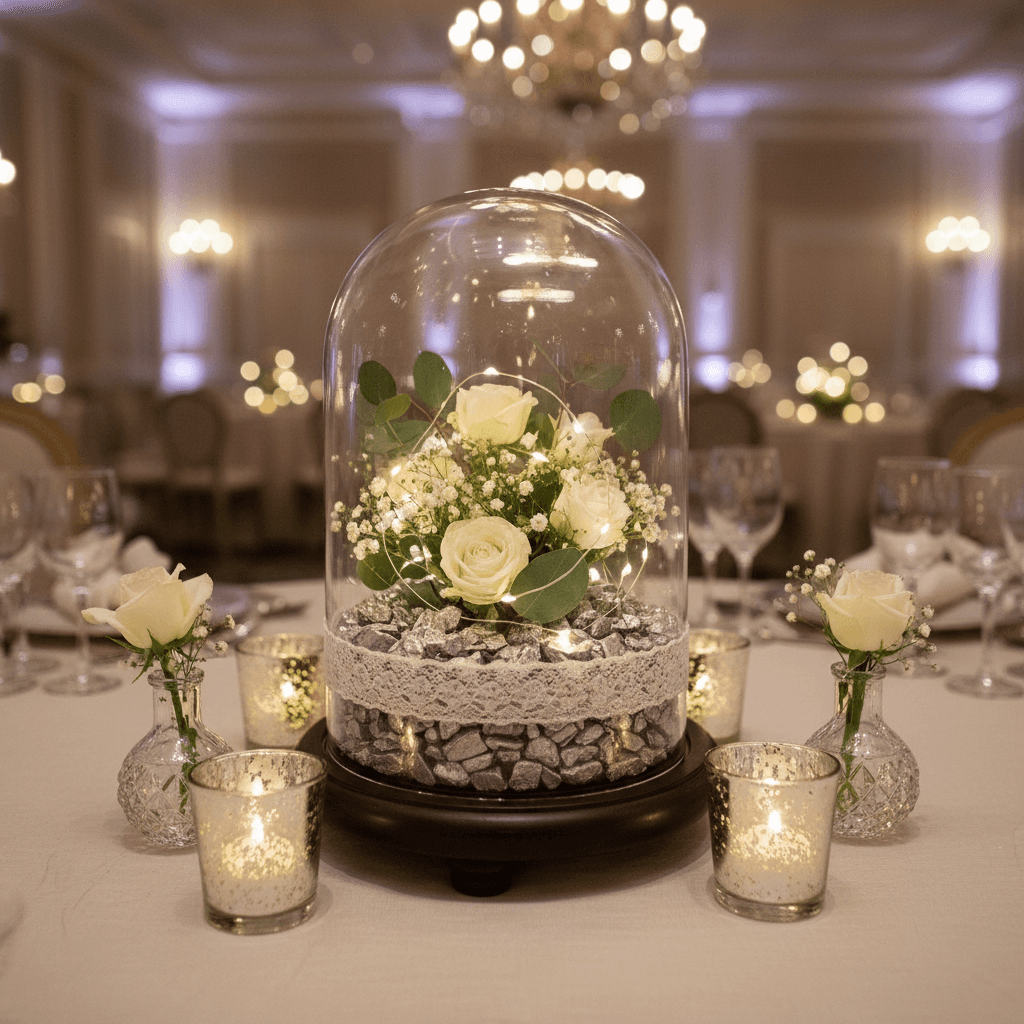 SGI Online silver quartz crystal chippings used in elegant floral centerpiece under glass dome