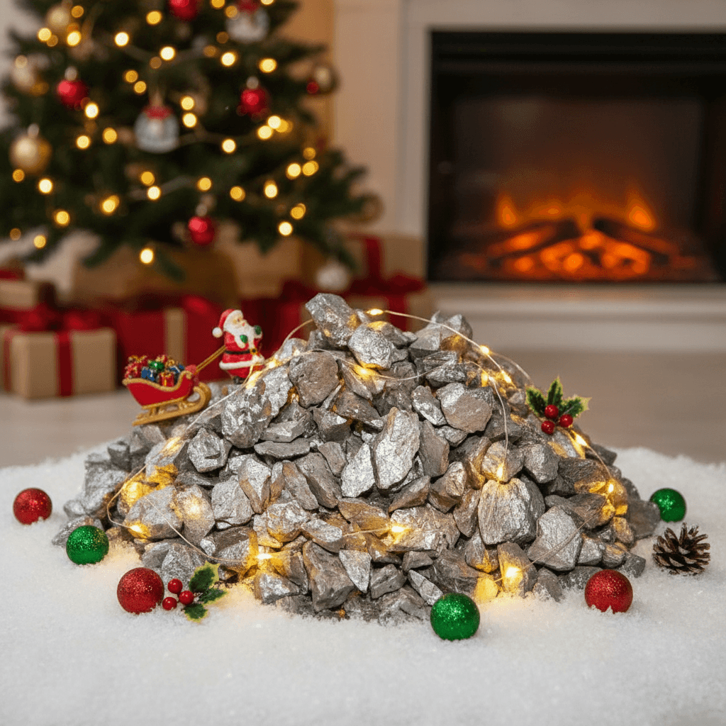 Pile of silver quartz crystal chippings decorated with Christmas lights and ornaments by a fireplace SGI Online