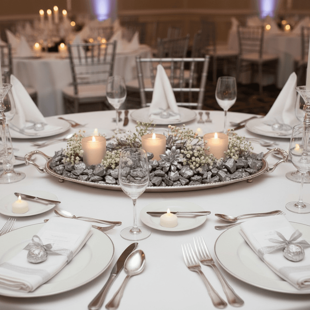 Elegant table centerpiece with silver quartz crystal chippings candles and floral accents by SGI Online SGI Online