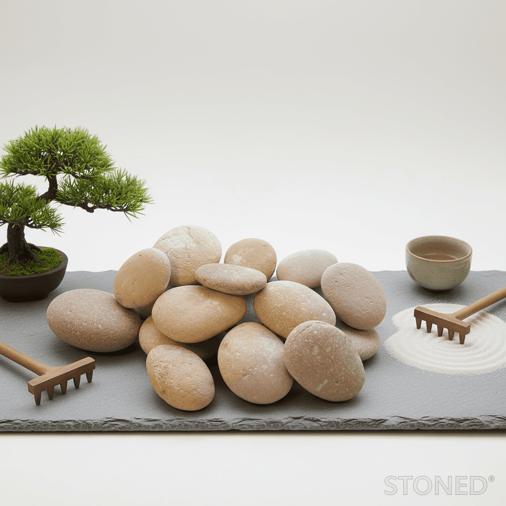 STONED large pink Japanese garden stones arranged with bonsai tree and garden tools on gray mat SGI Online