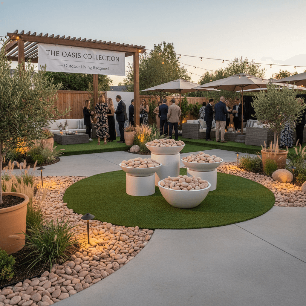 Pink Japanese garden stones by STONED in large white planters at outdoor Oasis Collection event
