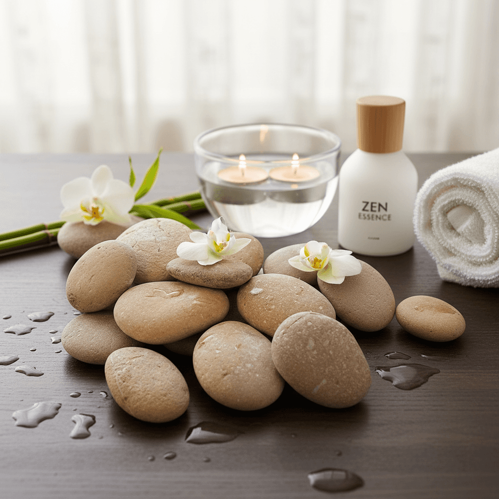 Pink Japanese garden stones arranged with white orchids, bamboo sticks, candles, and spa towel SGI Online
