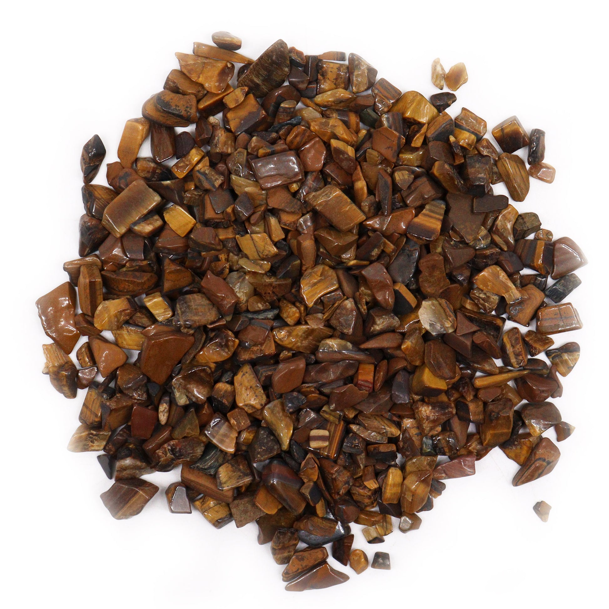 Polished tiger eye gemstone chips 1kg pile showing brown and golden hues by SGI Online
