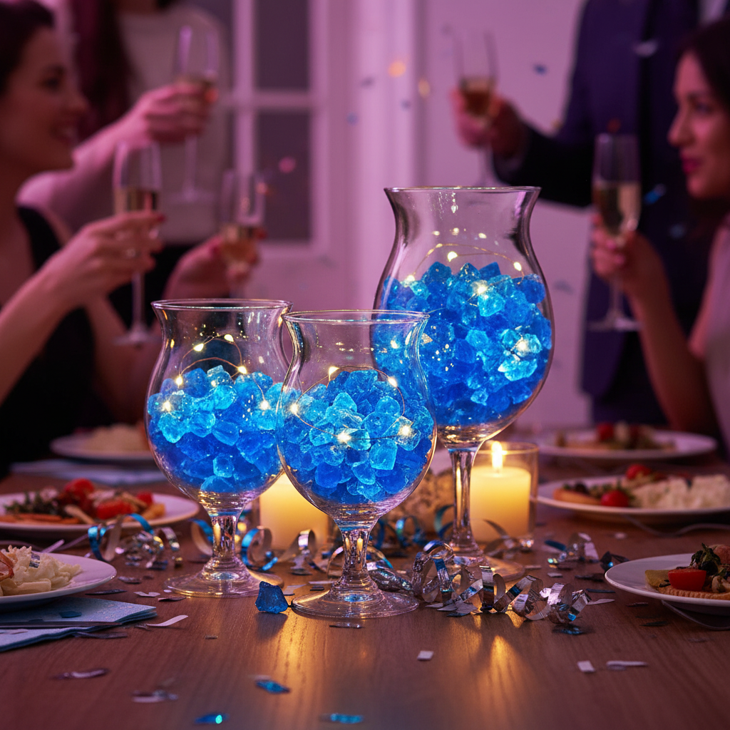 STONED turquoise glass chippings 20kg in decorative glass bowls on festive dining table SGI Online