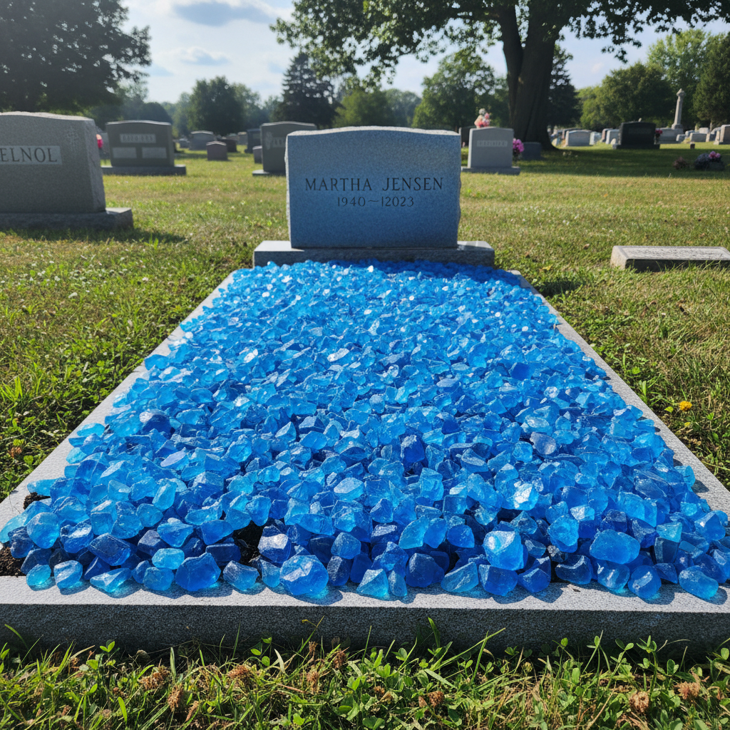Turquoise glass chippings 20kg covering a grave in a cemetery by STONED