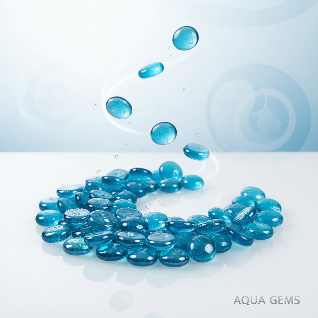 Turquoise glass pebbles 15kg by STONED floating and arranged in a circular pattern on a reflective surface SGI Online