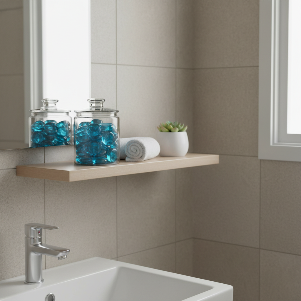 Turquoise glass pebbles 15kg in a clear jar displayed on a wooden shelf in a modern bathroom