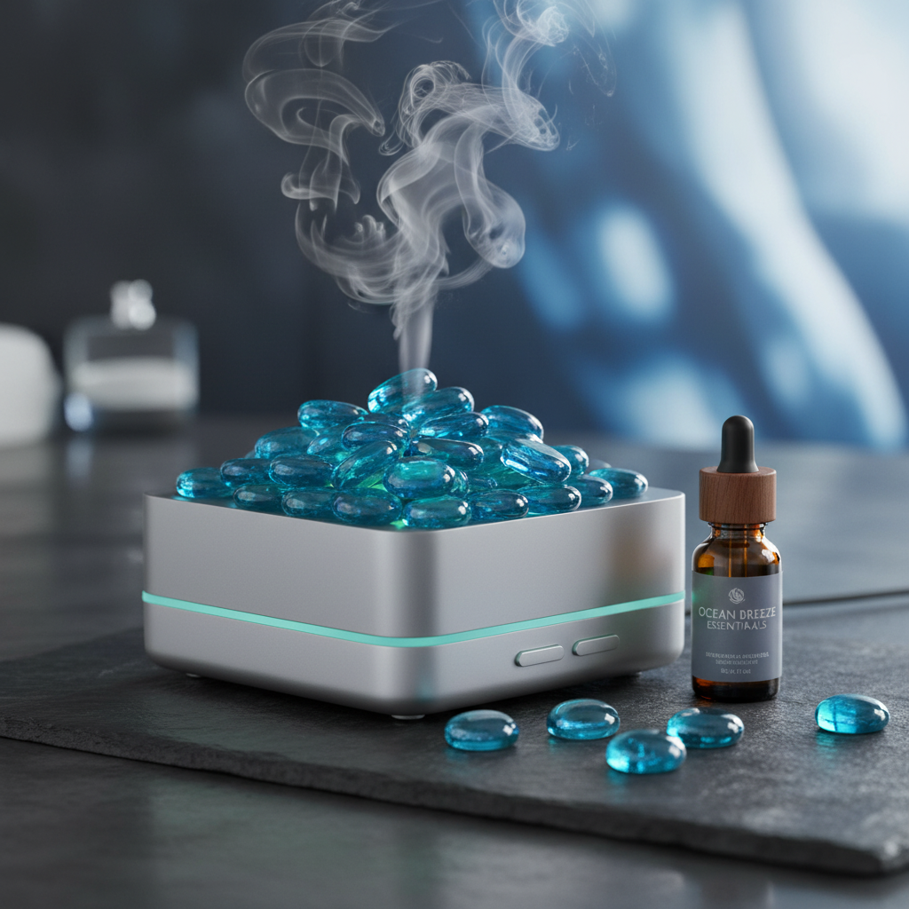 Turquoise glass pebbles 15kg from STONED on a diffuser releasing mist beside essential oil bottle