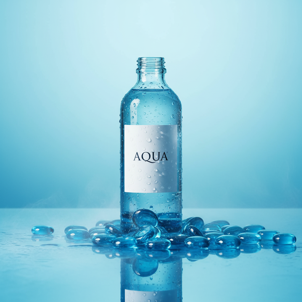 STONED turquoise glass pebbles scattered around a clear aqua bottle on reflective surface SGI Online