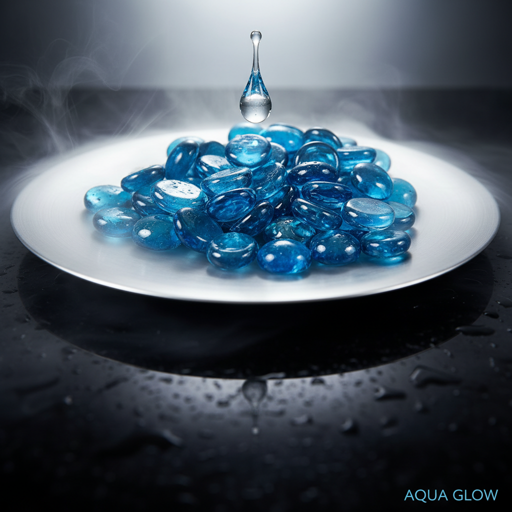 STONED turquoise glass pebbles on white plate with water droplet suspended above glowing under light SGI Online