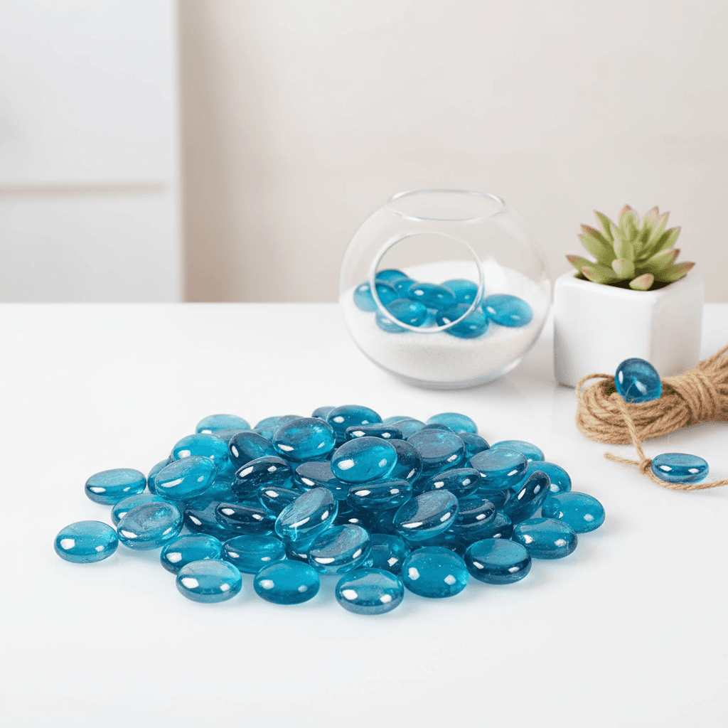 STONED turquoise glass pebbles scattered on white surface next to small glass bowl and succulent plant