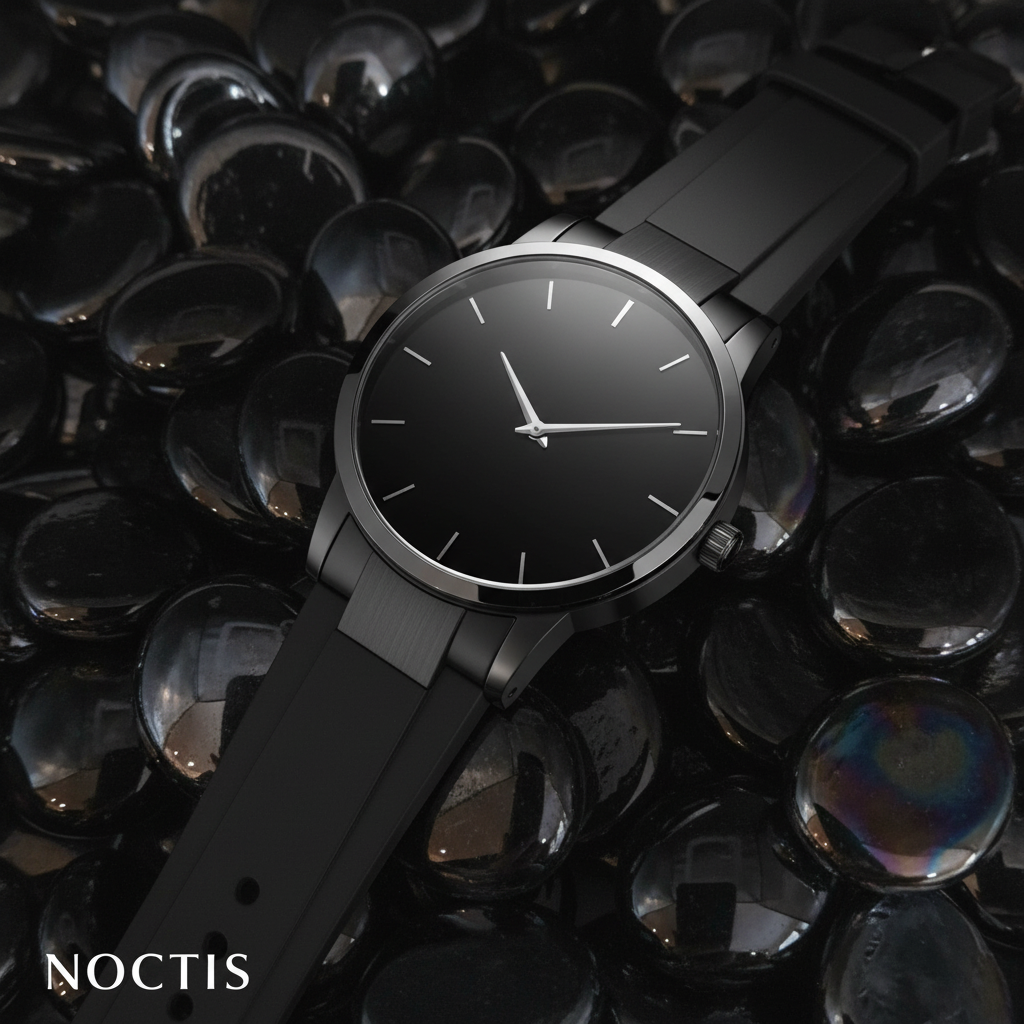 Black mirror glass pebbles background with a sleek black wristwatch on top