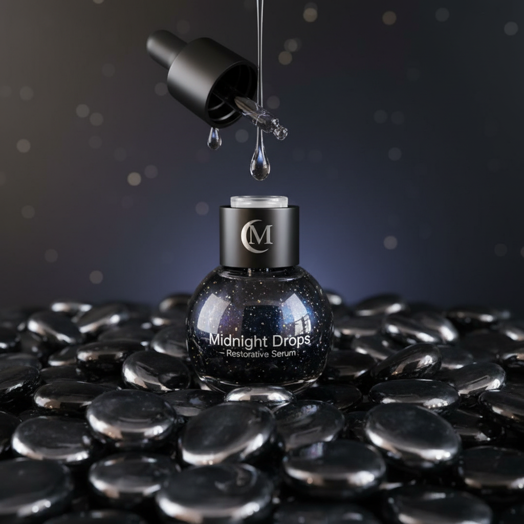 Black mirror glass pebbles surrounding a bottle of Midnight Drops restorative serum with a dropper above