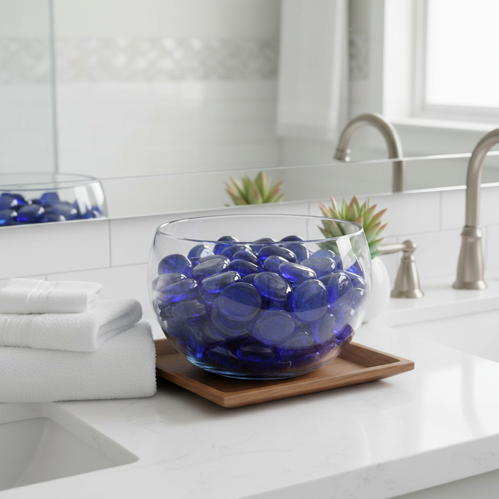 Clear glass bowl filled with cobalt blue glass pebbles on bathroom counter near towels and sink