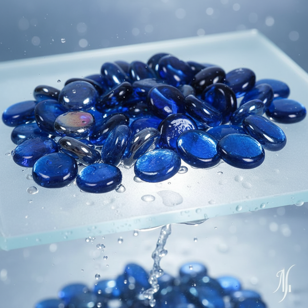 STONED cobalt blue glass pebbles displayed on a clear surface with water droplets