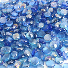 STONED premium blue glass pebbles scattered, showing smooth and shiny surfaces for decoration