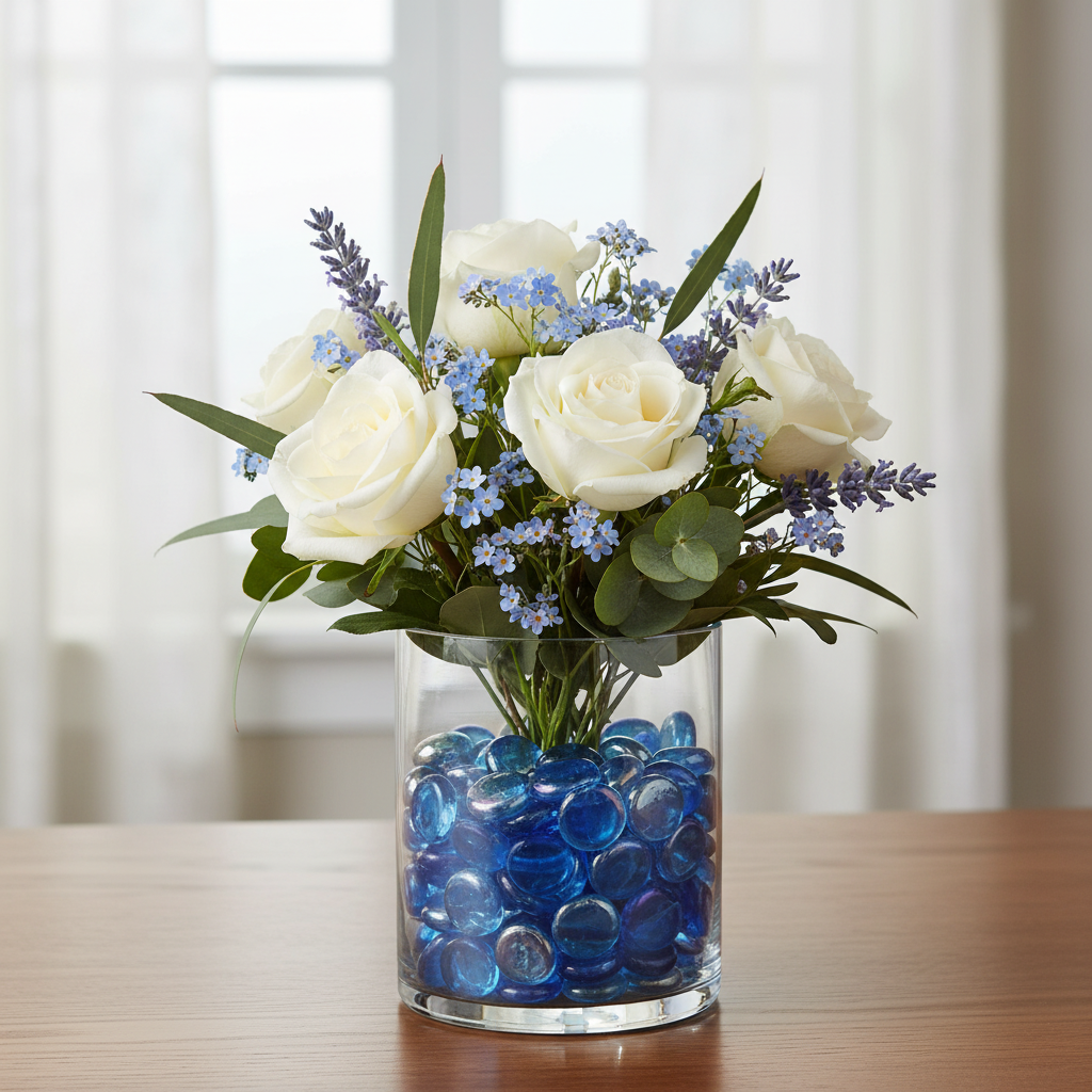 STONED premium blue glass pebbles in clear vase with white roses and purple flowers on wooden table