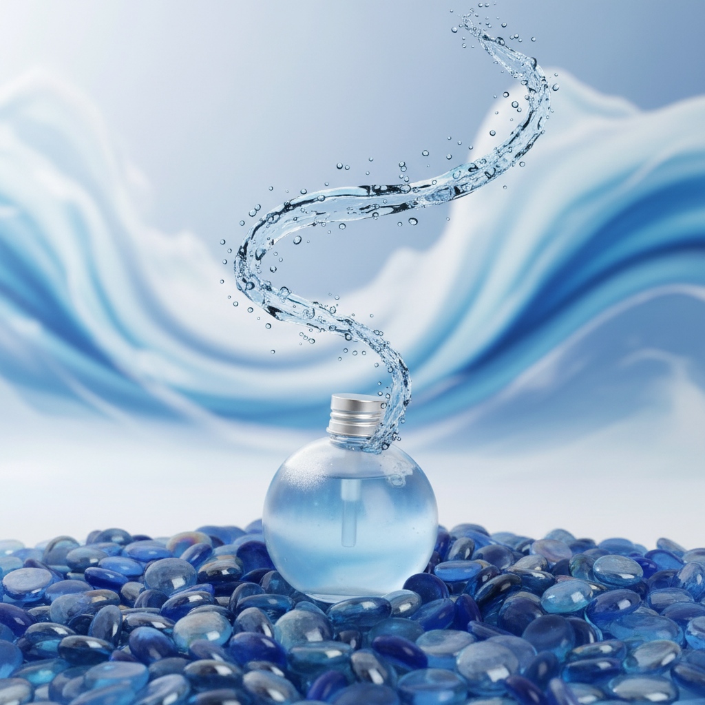 STONED premium blue glass pebbles surrounding a round clear bottle with swirling water droplets