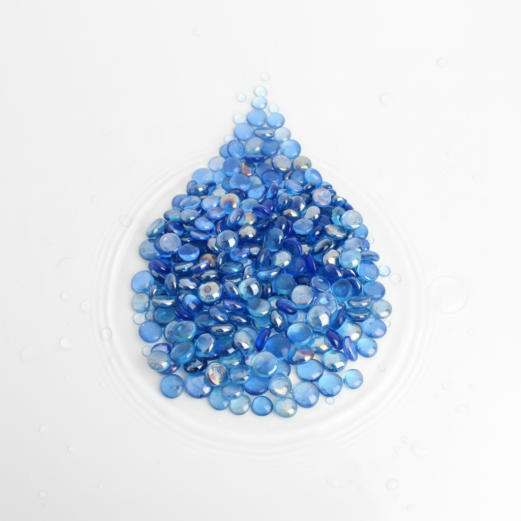 Stoned premium blue glass pebbles in a water droplet shape on white background SGI Online