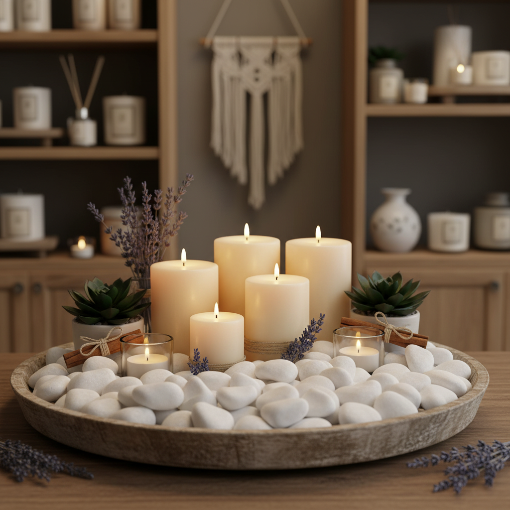 Decorative snow white quartz pebbles arranged with candles and succulents in a wooden tray SGI Online