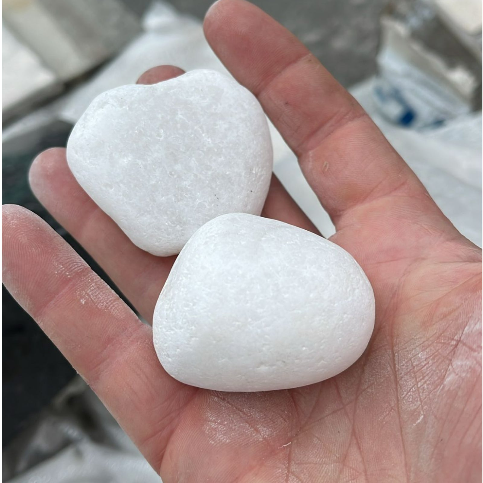 Close-up of two smooth snow white quartz pebbles held in a person's hand from SGI Online