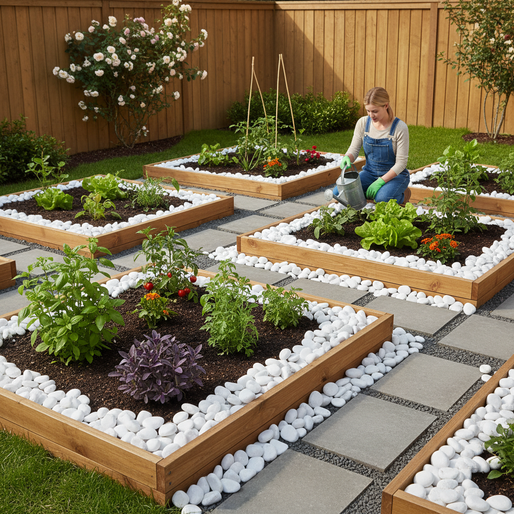 Raised garden beds bordered with snow white quartz pebbles from SGI Online featuring various plants and a woman watering