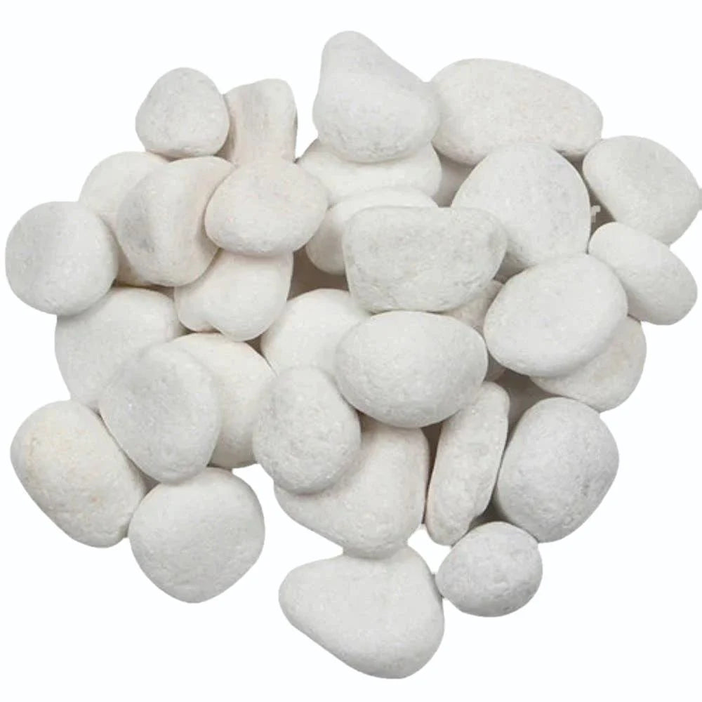 Pile of smooth snow white quartz pebbles stones by SGI Online for decorative landscaping